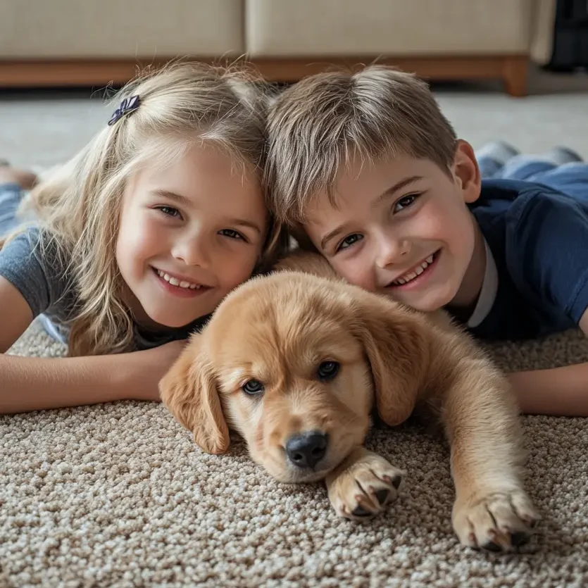 children and dog laying on clean carpet